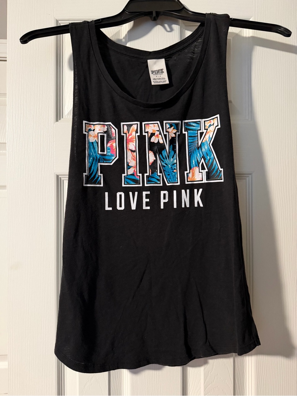 PINK Victoria's Secret Black Tank with Floral Lettering